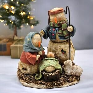 Snowman Nativity Scene | Holy Family Christmas Decor | Rustic Winter Figurines